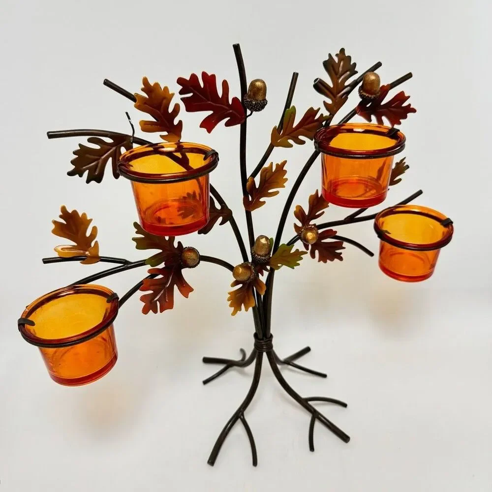 Metal Tree Votives Candle Holder With Orange Glass And Acorn Details